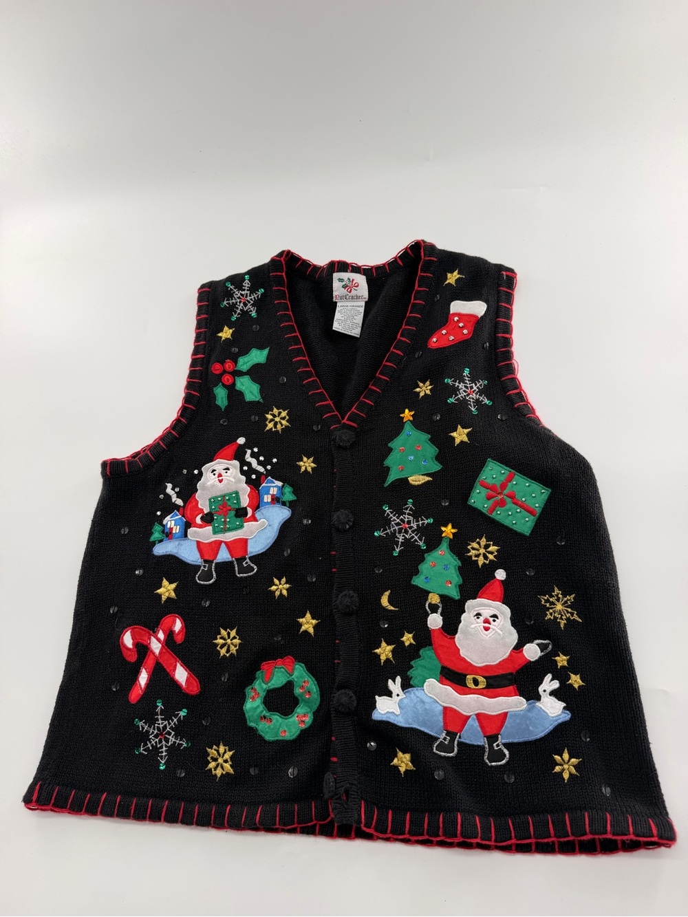 Vintage Christmas Sweater Vest Black Holiday Embroidered Santa Grandma Knit Red